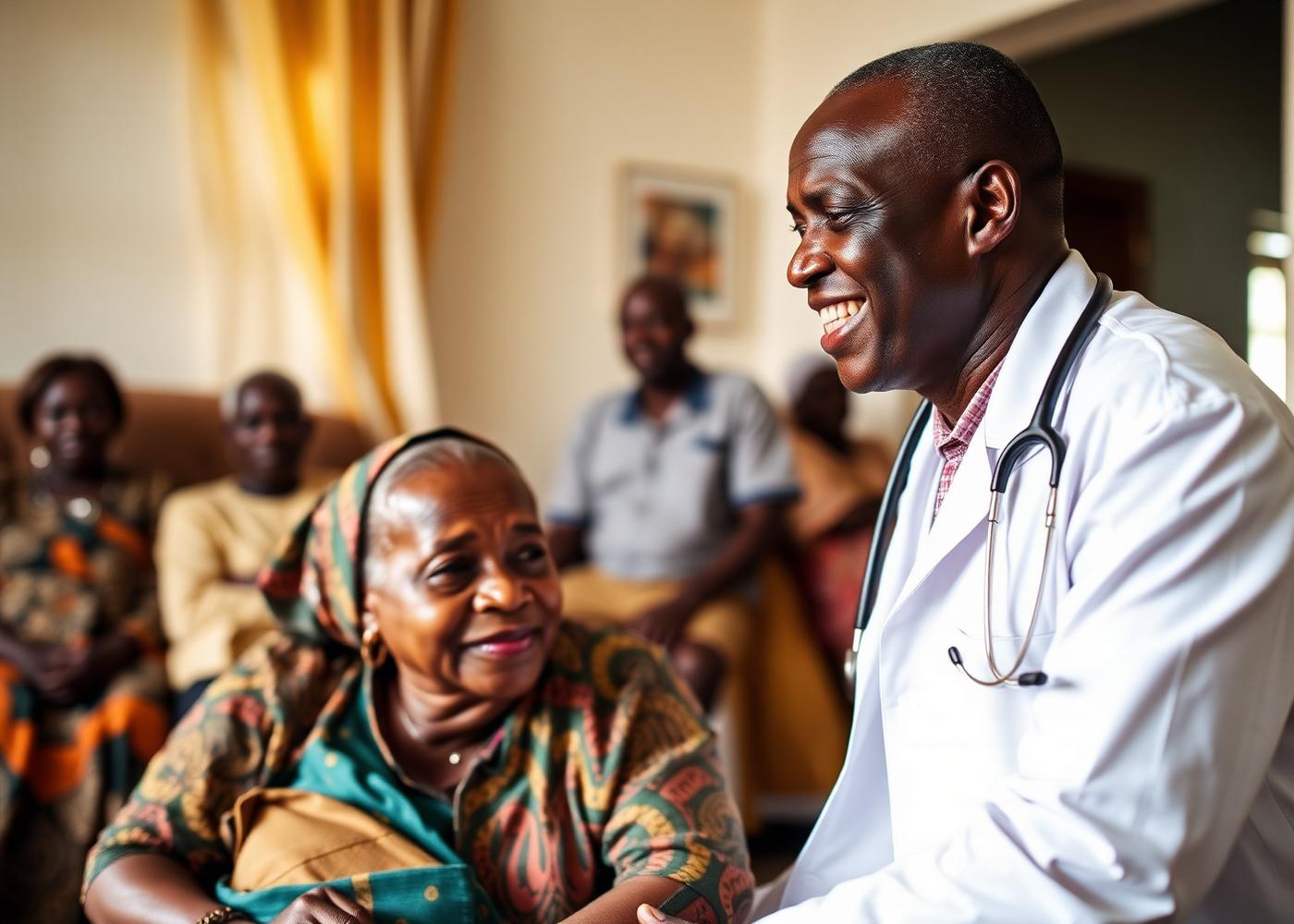 A Morab Hospital doctor visiting an elderly patient at home with family present